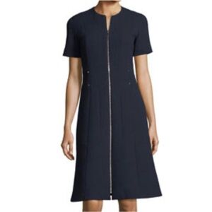 LAFAYETTE 148 New York Sonya Gold Zipper Front Navy Blue 100% Wool Sheath Dress
